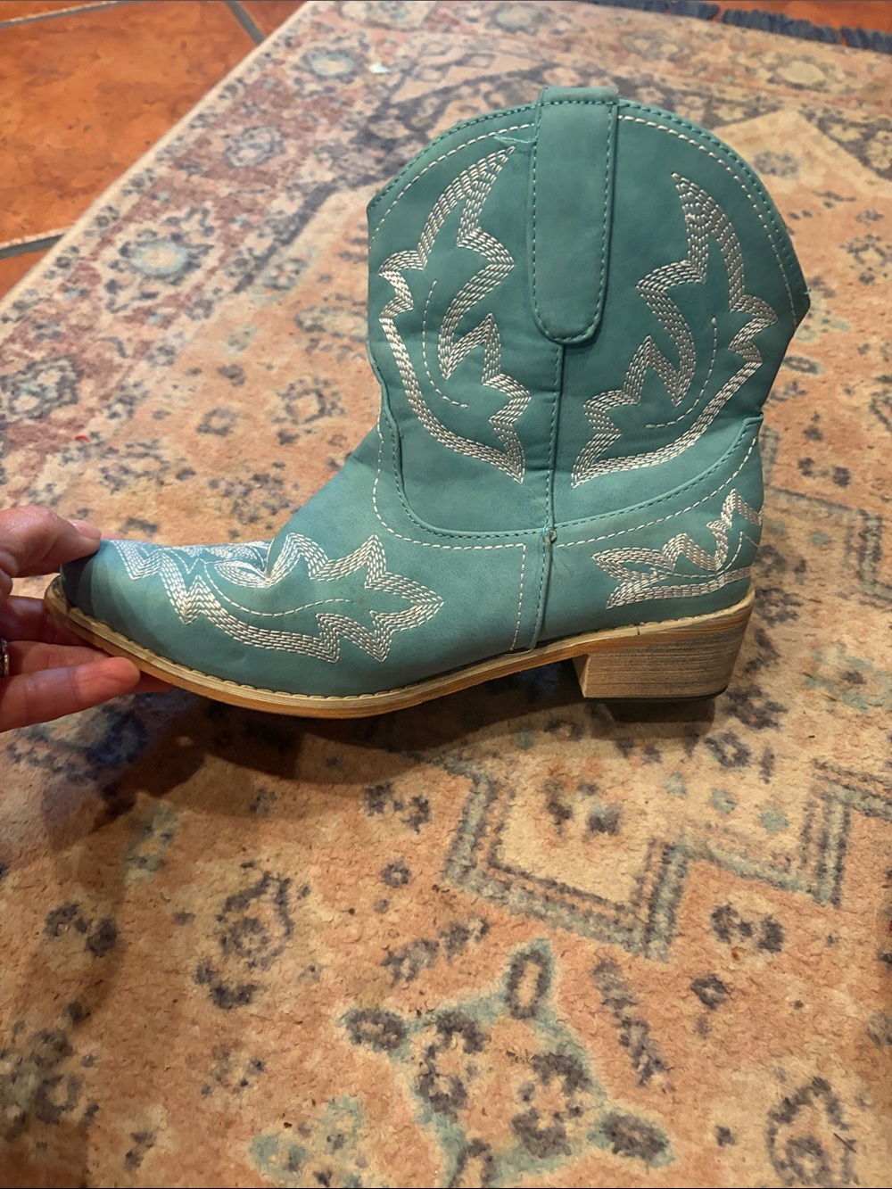 Teal Western Cowboy Boots with white Stitching - Picture 4 of 9